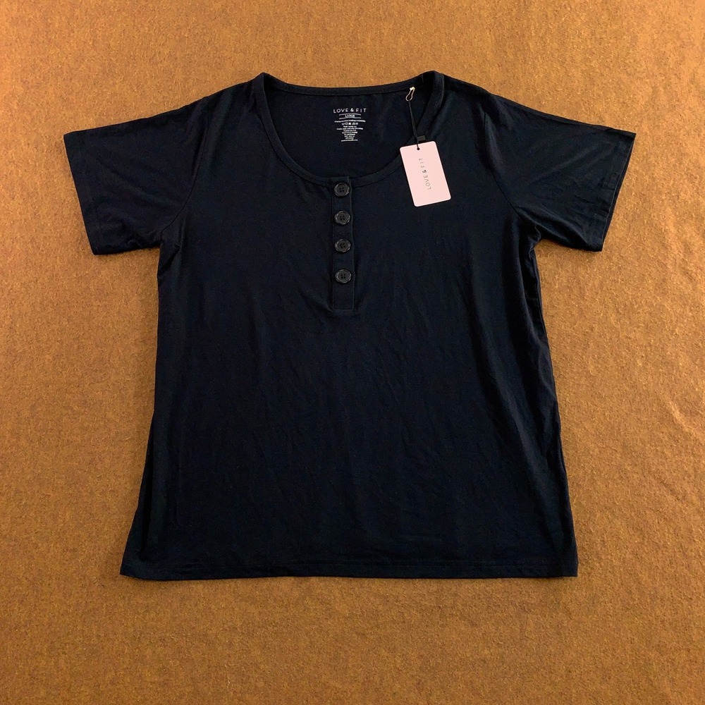 Love & Fit Women Large Black Bamboo Spandex Henley Short Sleeve T-Shirt NWT